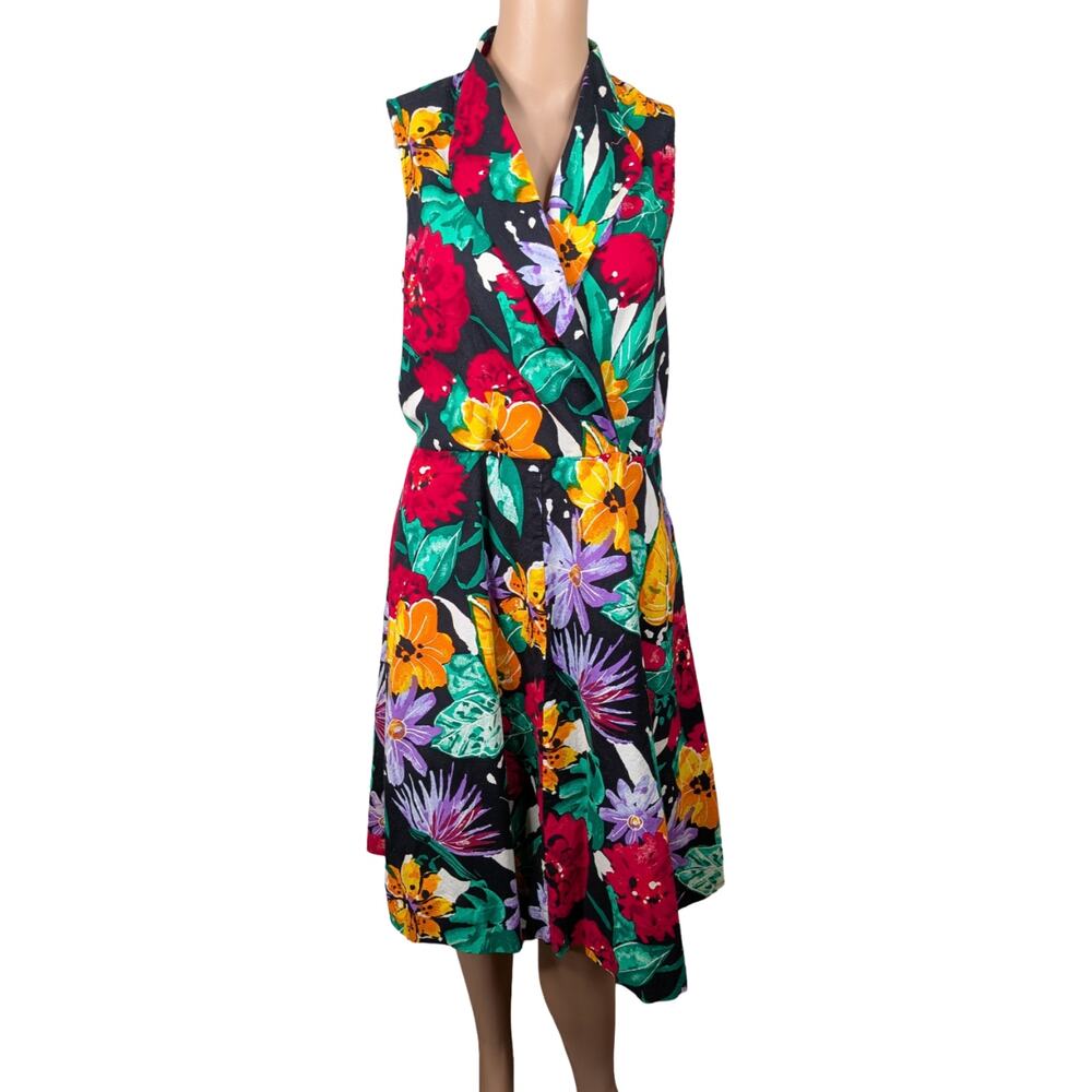 Vintage 80s 90s Impressions Floral Drop Waist Skater Dress M/L Cotton A-line